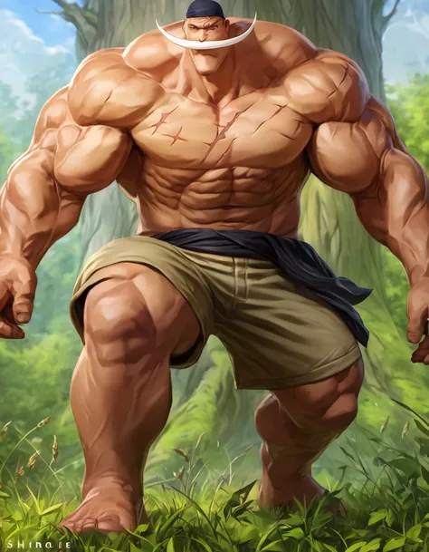 semirealistic:1.3, a man with big giant muscle tall body, shirohige, topless, shirtless, chest scar, bandana, shorts, on meadow, huge tree background, shirtless, simple background, masterpiece, semirealistic:1.2, high detailed, 8k, high resolution