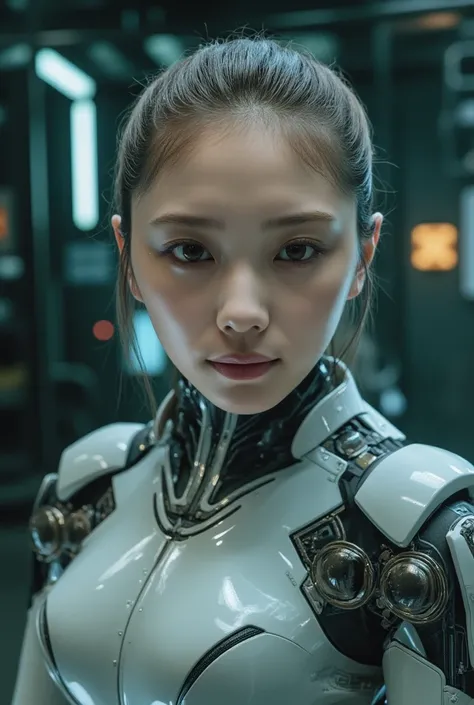 TEST CASE, a close up of a woman in a futuristic suit standing in a machine room, beautiful girl cyborg, portrait of a cyborg queen, cyborg - girl, beautiful cyborg priestess, beautiful alluring female cyborg, perfect anime cyborg woman, perfect cyborg fem...