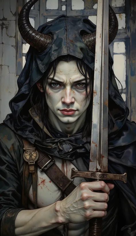 Close-up of a person with a horned head and a sword., al estilo del  dark fantasy art ,  dark fantasy art ,  Dark Cloak Necromancer , Hermoso dios de la muerte masculino, dark priest  , Dark Hooded Spectre, hidden cyberpunk , Dark art style,    highly deta...