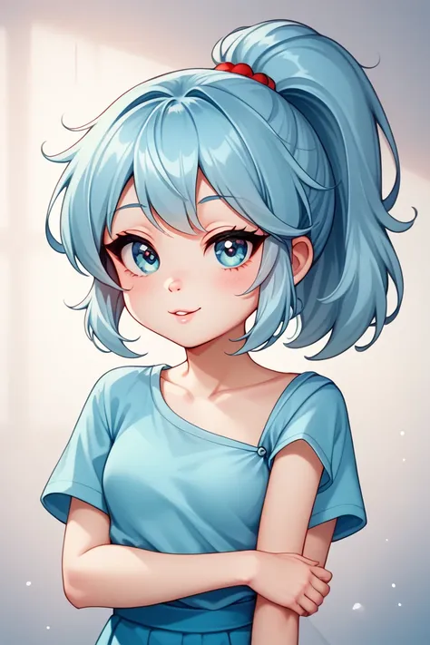 solo. I girl，Hair is light blue in a ponytail，The outfit is light blue with short sleeves，Eye color is light blue，The shape of the eyes is droopy，One woman，looking at viewer，upright，Whole body