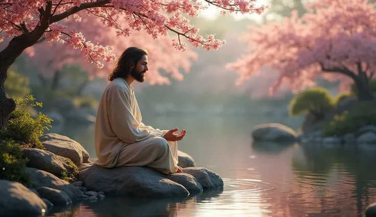 "Create a hyper-HD, ultra-hyper-realistic image of Jesus meditating in the middle of a Zen garden, surrounded by perfectly placed stones and a small, peaceful koi pond. Cherry blossoms gently fall around him, and a soft wind ripples the surface of the wate...