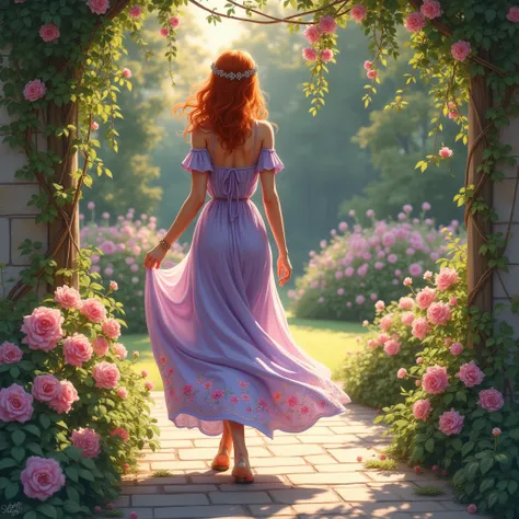 [In semi-realistic digital painting, 2D]
Aurelian walked gracefully into the palace garden, her lilac dress adorned with delicate embroidered flowers that seemed to bloom in harmony with the vibrant flora around her. The intricate pastel blossoms on the fl...