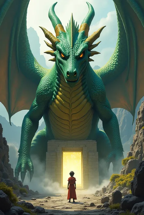 Prompt: A majestic, fearsome dragon with shimmering emerald and gold scales, perched in front of an ancient stone temple entrance in the mountains. The dragon’s eyes glow with wisdom, and mist swirls around its enormous wings. It guards the entrance with a...