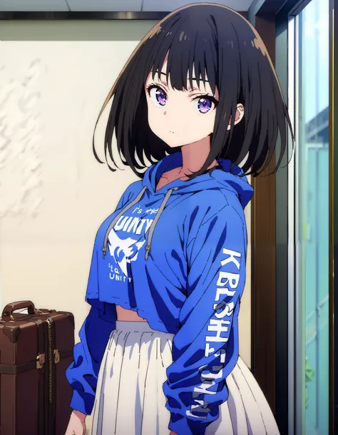  score_9,  score_8_ up the side,  score_7_ up the side,  source_Anime,
Takiuchikami,  check it out, long short hair , bob cut, bangs,   black hair,   purple eyes,Medium breast,Blue oversized hoodie , white long skirt, suitcases, standing,whole bodyがイラストに入る...