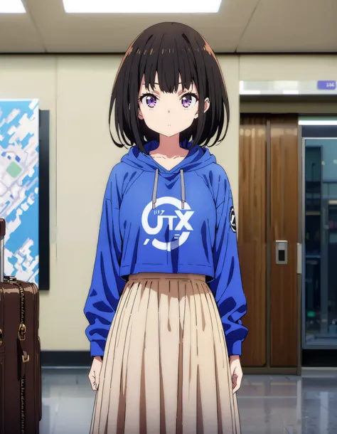  score_9,  score_8_ up the side,  score_7_ up the side,  source_Anime,
Takiuchikami,  check it out, long short hair , bob cut, bangs,   black hair,   purple eyes,Medium breast,Blue oversized hoodie , white long skirt, suitcases, standing,whole bodyがイラストに入る...