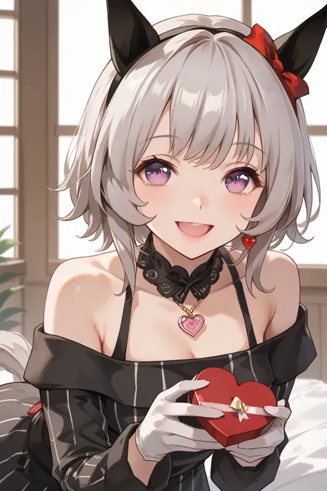 Give me chocolate、smile、 Valentine's Day 、Give me chocolate、 Karen Chan、horse ear、 headband , earrings,  Grey Hair  ,    medium hair  ,    purple eyes,  Horsetail,r4ce,  OFF SHOULDER,  black dress ,  striped dress,  Long Sleeve,  white gloves,