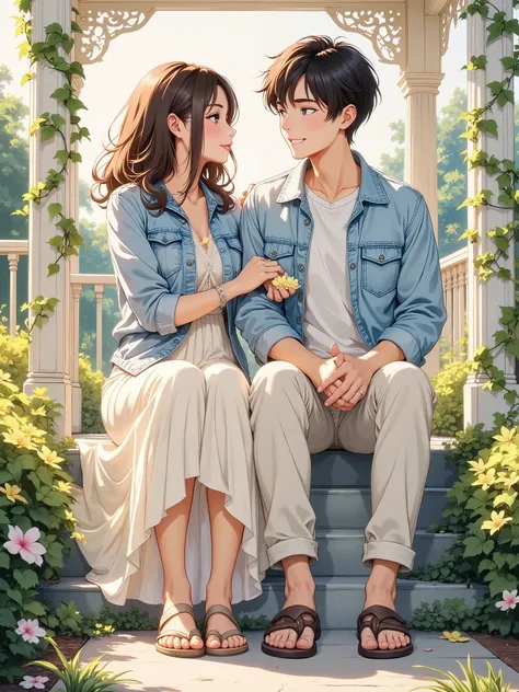 A young man and woman, likely in their late teens or early twenties, are seated on a porch.  The man, with short dark hair, is light-skinned and wears a light blue denim jacket over a light cream-colored shirt and light-colored pants. He has a pleasant exp...