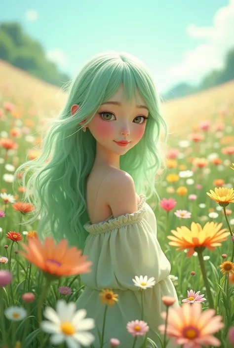 Draw a cute light green haired one on a flower field in adult Roblox