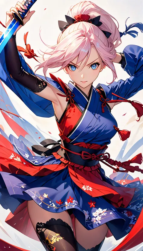 A character from Fate Grand Order、Miyamoto Musashi、She is a female character with long pale pink hair tied in a high ponytail、She features black and red accents。She is wearing a vibrant traditional Japanese outfit of blue and red、She holds a Japanese sword...