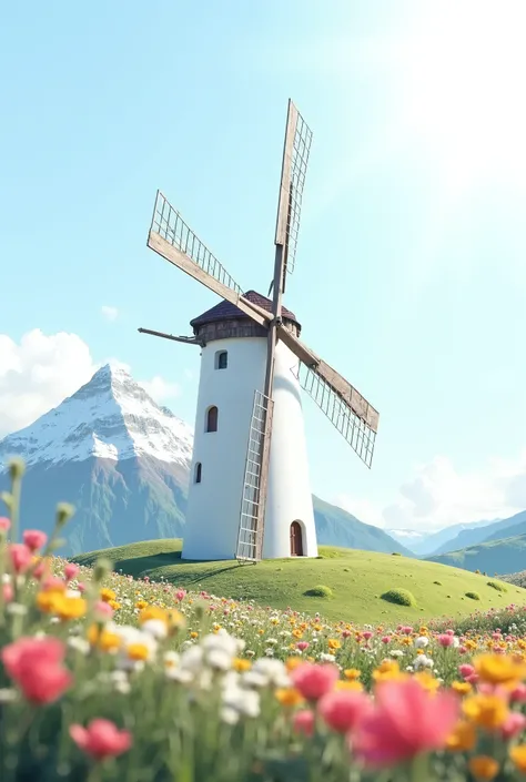 A white windmail with one big mountain background in the flower farm