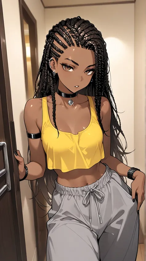 1Girl, Mature, Ebony, African American, Dark Brown Skin, Jet Black Long Cornrows, Cornrows Spread Out, Shiny Hair, Bright Brown Eyes, Black Nails, Dark Brown Eye Shadow, Medium Chest, Yellow High-Cut Tank-Top, Grey Baggy Pajama Pants, Black Arm Bands, Blac...