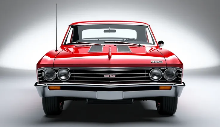 Generate a high-resolution, fully realistic straight front view image of a ( 1967 Chevrolet Malibu ) in (red Color ) , with a sleek and modern exterior, futuristic wheels, and a shimmering body color, displayed in a luxurious showroom with a. The front of ...