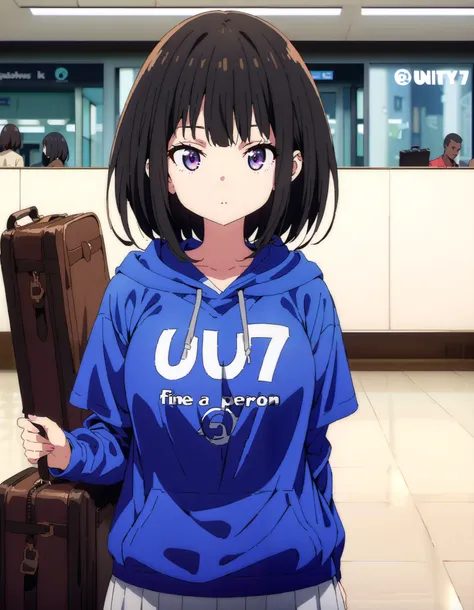  score_9,  score_8_ up the side,  score_7_ up the side,  source_Anime,
Takiuchikami,  check it out, long short hair , bob cut, bangs,   black hair,   purple eyes,Medium breast,Blue oversized hoodie , white long skirt, suitcases, standing,whole bodyがイラストに入る...