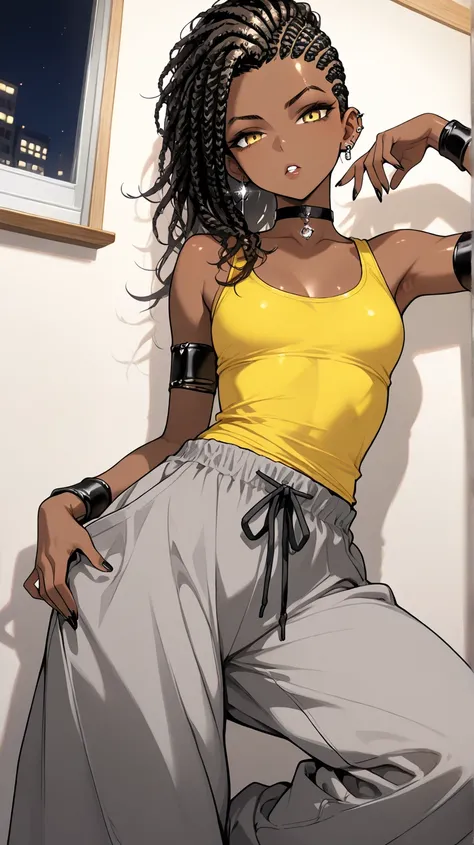 1Girl, Mature, Ebony, African American, Dark Brown Skin, Jet Black Long Cornrows, Cornrows Spread Out, Shiny Hair, Bright Yellow Eyes, Black Nails, Dark Brown Eye Shadow, Medium Chest, Yellow High-Cut Tank-Top, Grey Baggy Pajama Pants, Black Arm Bands, Bla...