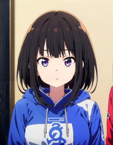  score_9,  score_8_ up the side,  score_7_ up the side,  source_Anime,
Takiuchikami,  check it out, long short hair , bob cut, bangs,   black hair,   purple eyes,Medium breast,Blue oversized hoodie , white long skirt, suitcases, standing,whole bodyがイラストに入る...