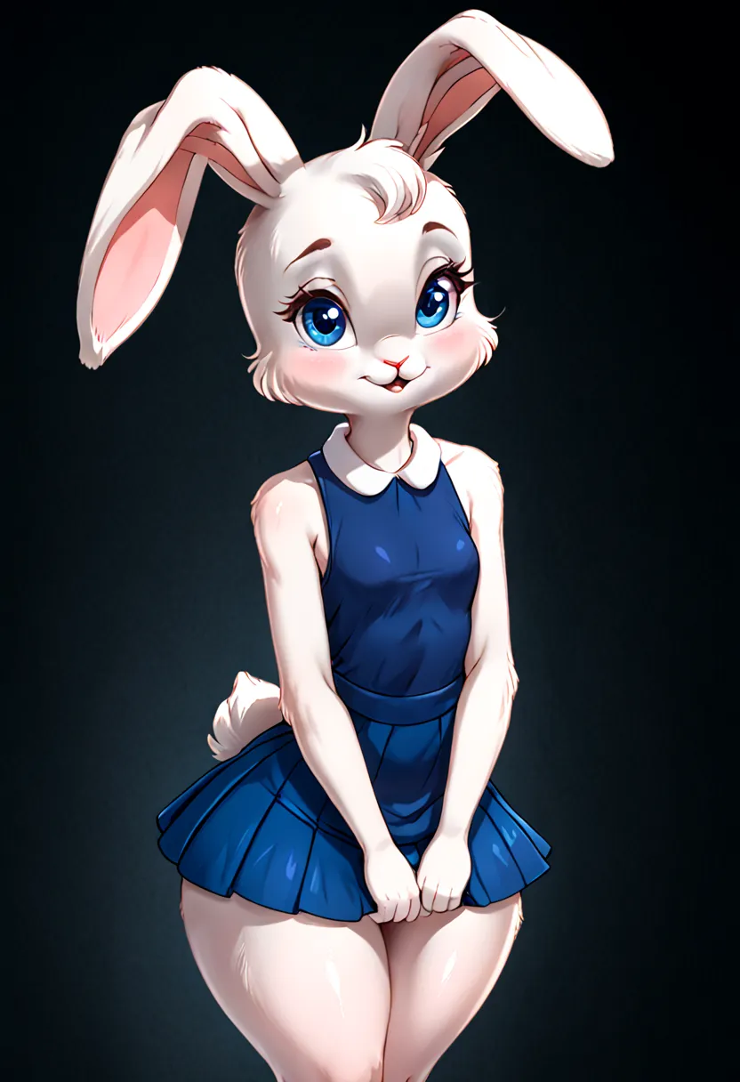 Small slender female bunny with good big thighs and white fur and pretty blue eyes and she's wearing a short dress with a mini skirt and she's a girl and she's very cute.