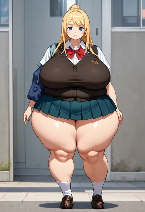  high school girl,  blonde, Big Breasts, obesity,  thick legs,  school uniform, Show the whole picture