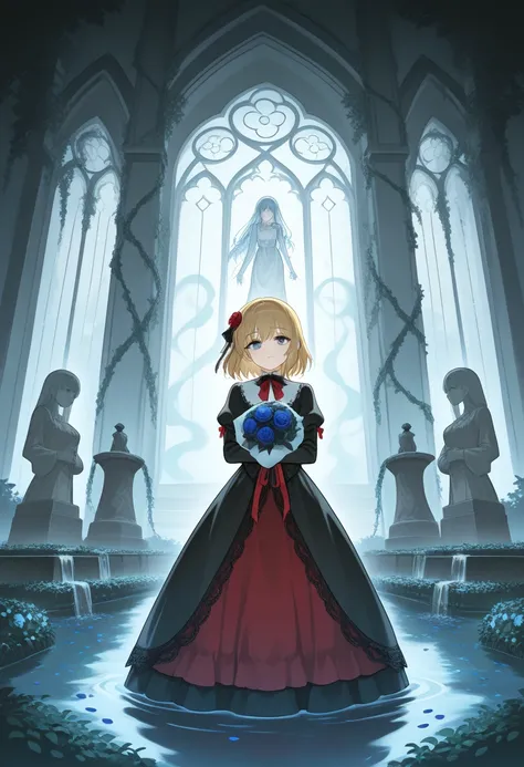 In the long-abandoned garden outside the crumbling manor, overgrown with weeds and tangled vines that have engulfed the once-grand statues and fountains, stands a translucent phantom of a young girl. She is dressed in a tattered Victorian-era gown, its lac...