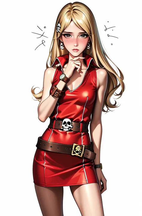 NSFW,(It's 1 ),(SEXY QUEEN Emeraldas _),( slender body),(Stitched wound on left cheek :1.0),( sad),real skin ,small breasts,  blonde, skull hair ornament, Super Detailed Black Eyes, lean in,( brown leather pirate buckle belt:1.3),(Watch on wrist:1.5),(red_...