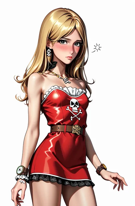 NSFW,(It's 1 ),(SEXY QUEEN Emeraldas _),( slender body),(Stitched wound on left cheek :1.0),( sad),real skin ,small breasts,  blonde, skull hair ornament, Super Detailed Black Eyes, lean in,( brown leather pirate buckle belt:1.3),(Watch on wrist:1.5),(red_...