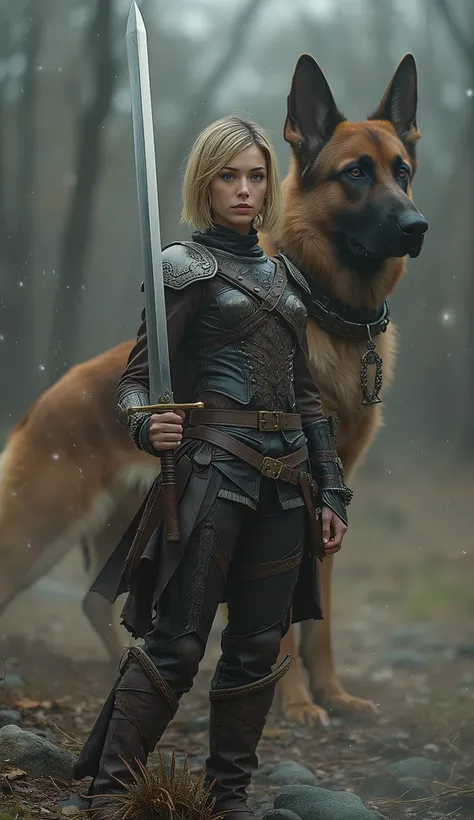 A German Short Cut Straight Hairs Young Woman Warrior A A Giant Giant 9 Feet Long German Shepherd Dog Standing Behind Her , Woman warrior Holding A Sword In Hand Standing In Dynamic Pose , Unreal Beauty, Lather Warrior Outfit With Unique Design, Eye Catchi...