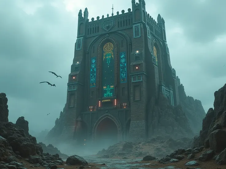 Create me a magnificent cursed tower combining the Middle Ages and the cyberpunk side 