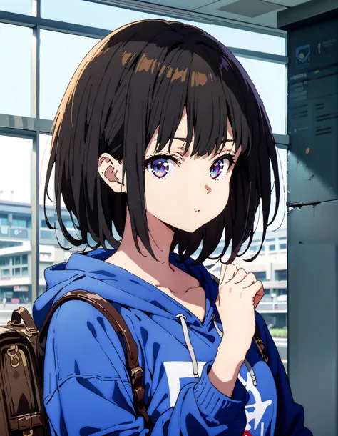 score_9, score_8_ up the side, score_7_ up the side, source_Anime,
Takiuchikami, check it out, long short hair , bob cut, bangs, black hair, purple eyes,Medium breast,Blue oversized hoodie , white long skirt, suitcases, standing,whole bodyがイラストに入る...