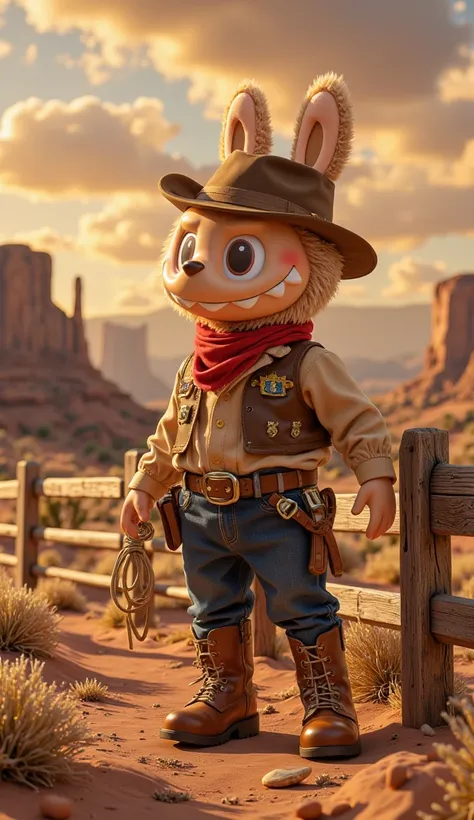 A highly detailed, cinematic digital painting of Labubu dressed as a Wild West cowboy, wearing a brown leather hat, a red bandana around the neck, a rugged brown vest, and cowboy boots with spurs. Labubu holds a lasso in one hand and stands next to a woode...