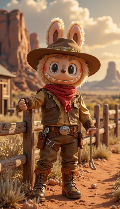 A highly detailed, cinematic digital painting of Labubu dressed as a Wild West cowboy, wearing a brown leather hat, a red bandana around the neck, a rugged brown vest, and cowboy boots with spurs. Labubu holds a lasso in one hand and stands next to a woode...