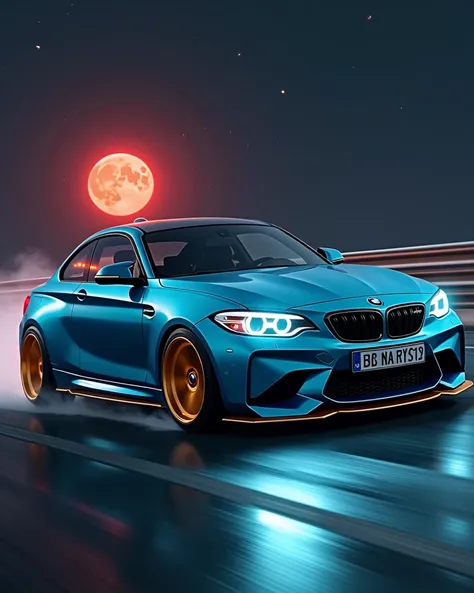 A cyan bmw car with golden wheel and golden front indicator light with dashing 45°angel looking like drifting on a extremely derk night with dark red moon and star light 