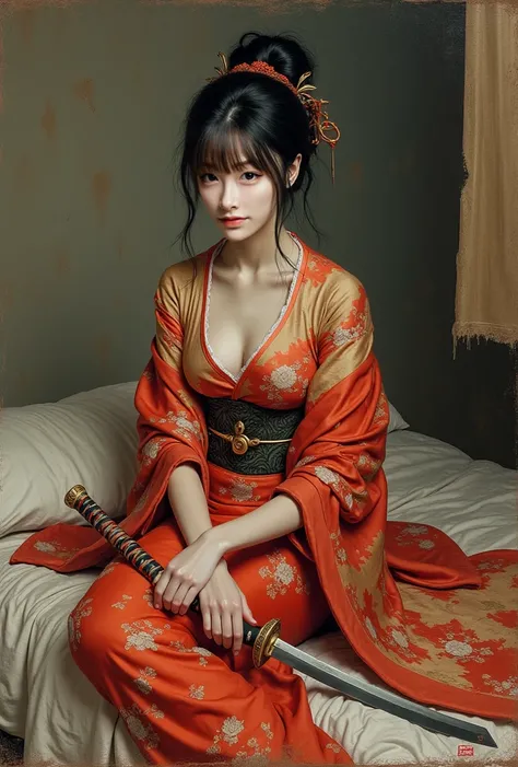 arafed woman in a  kimono sitting on a bed holding a sword, Painting by Yanagawa Nobusada , Tumbler,  what is it ？, in  kimono, in a  kimono, wearing  kimono, pale and coloured  kimono,  kimono,   organic seductive geisha , Japanese goddesses, wearing a  k...