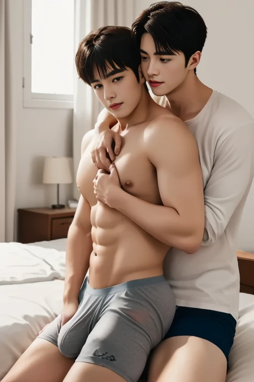 A cozy bedroom scene of two handsome young men who have just woken up. Their hair is a little messy from sleep, but they are both charming and adorable. They are lying on a soft bed, wearing simple shirts and shorts, ((very long and large bulge: 1,6)), ((l...