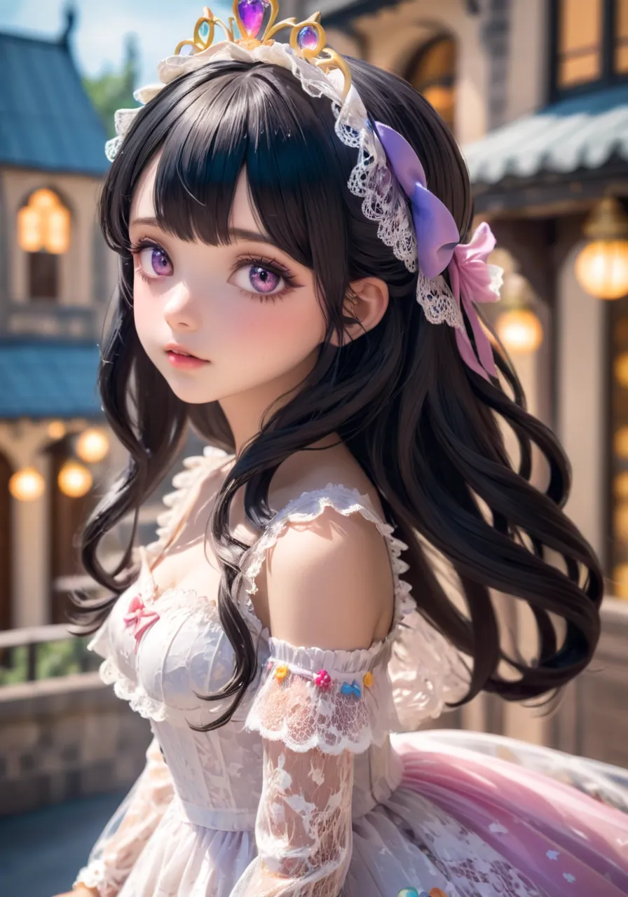  Hi-Res,  top quality, A girl around 18 years old,  1 girl, Fairy Girl , Princess、princess,  ,black hair blurry background, ,  Partial Updo , colorful、 Deep Compositing,  ,  long hair,, ,  Lace Lolita Dress,  Lolita Fashion、Alone,  upper body, Turn your ga...