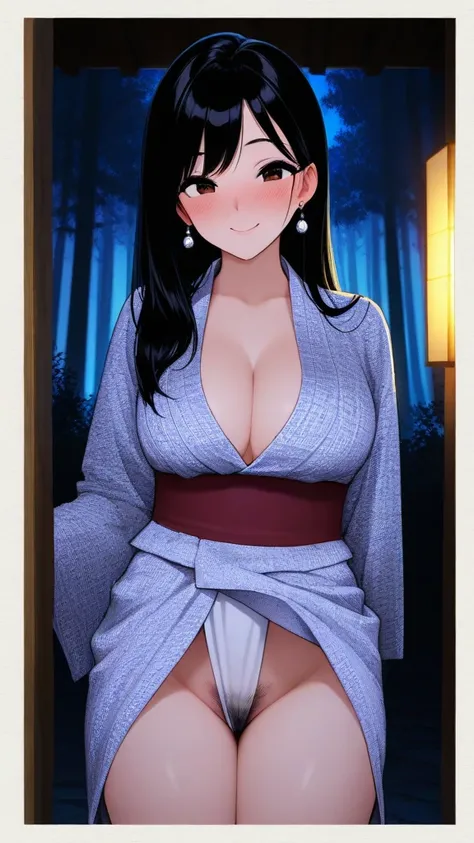 ( beautiful girl : 1.3), in the seat,(yukata, white loincloth , earrings,pubic hair), black hair, long hair,smile, is bashful,blush,night, behind the shrine,forest,masterpiece, top quality, ultra high resolution, rich contrast, high image quality,8k, High ...