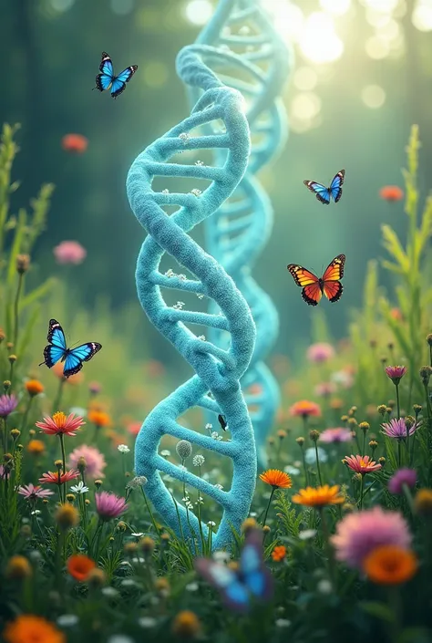 Images of DNA in a filed surrounded by flowers grasses and butterflies 