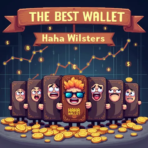 "A pixel art meme featuring multiple crypto wallets lined up, each with different facial expressions—some looking confused, some sad, and some sweating nervously. In the center, a wallet labeled 'HAHA WALLET' stands confidently with pixel sunglasses (deal ...