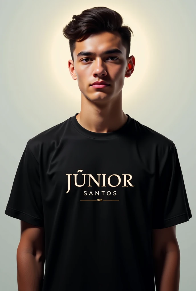 Black shirt with a beautiful logo with the name Júnior Santos the boy guided by God 