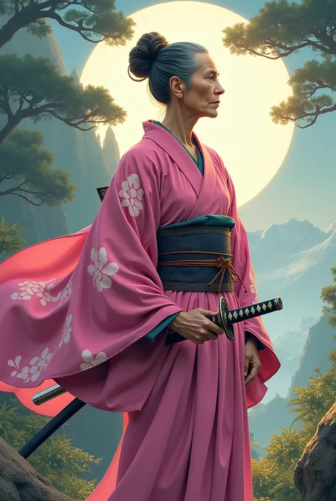 Old female anime samurai with pink kimono, make her look anime