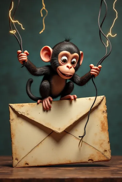 A monkey with 2 current wires, on top of a lettar