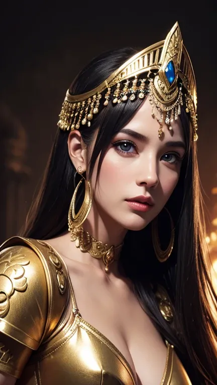 ultra wide angle, dark epic background, gorgeous lifelike, golden design, cleopatra, cinematic, insane details, intricate details, hyperdetailed, ultra texture details