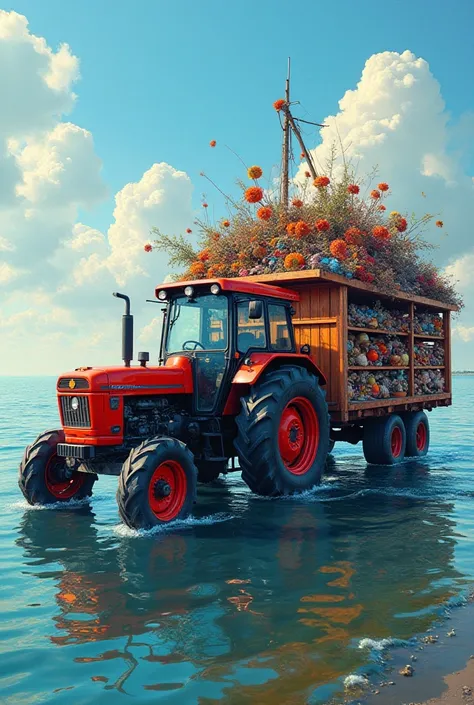 there is a tractor with a trailer full of items in the water, edited in photoshop, details and vivid colors, beautifully painted, dital painting, shot on nikon z9, very very low quality picture, video still, colourful!! highly detailed, colorful intricate ...