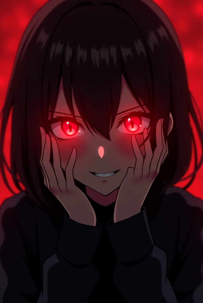 anime girl with red eyes and a black jacket holding her hands to her face, with red glowing eyes, evil smile and glowing eyes, with glowing red eyes, with glowing eyes, gapmoe yandere grimdark, red eyes glowing, fully red eyes, red glowing eyes, demon anim...