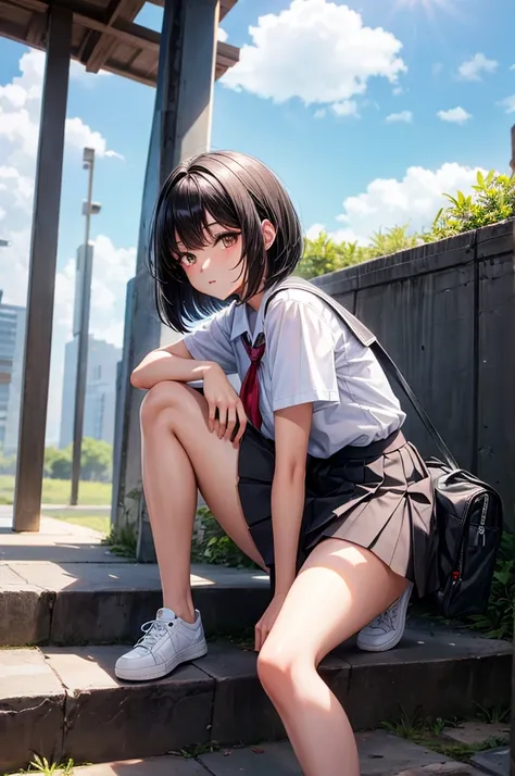  high school girl,  black hair, woman,  black hair,  short, Bob,  skirt by humili,  white underwear,   open legs