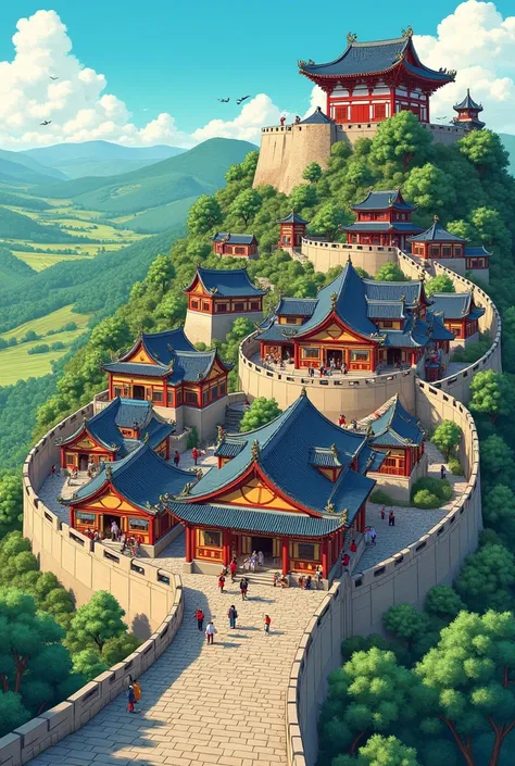 A rural Chinese village with a high wall surrounded by it is a manga painting.