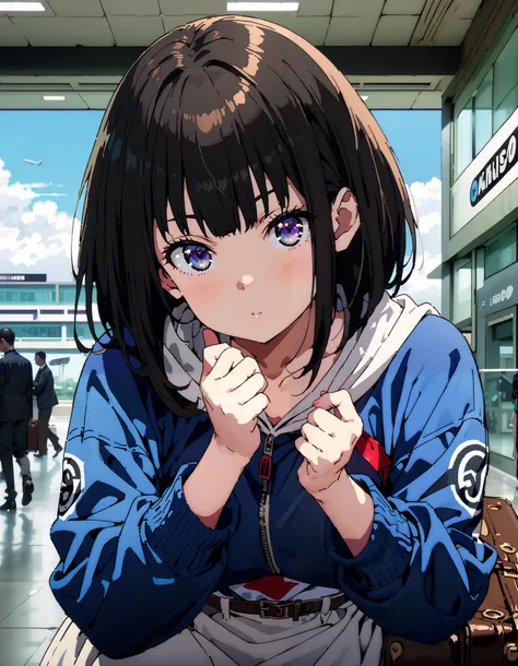  score_9,  score_8_ up the side,  score_7_ up the side,  source_Anime,
Takiuchikami,  check it out, long short hair , bob cut, bangs,   black hair,   purple eyes,Medium breast,Blue oversized hoodie , white long skirt, Bbo~, suitcases, standing,whole bodyがイ...