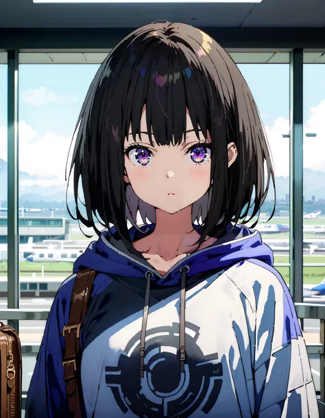  score_9,  score_8_ up the side,  score_7_ up the side,  source_Anime,
Takiuchikami,  check it out, long short hair , bob cut, bangs,   black hair,   purple eyes,Medium breast,Blue oversized hoodie , white long skirt, Bbo~, suitcases, standing,whole bodyがイ...