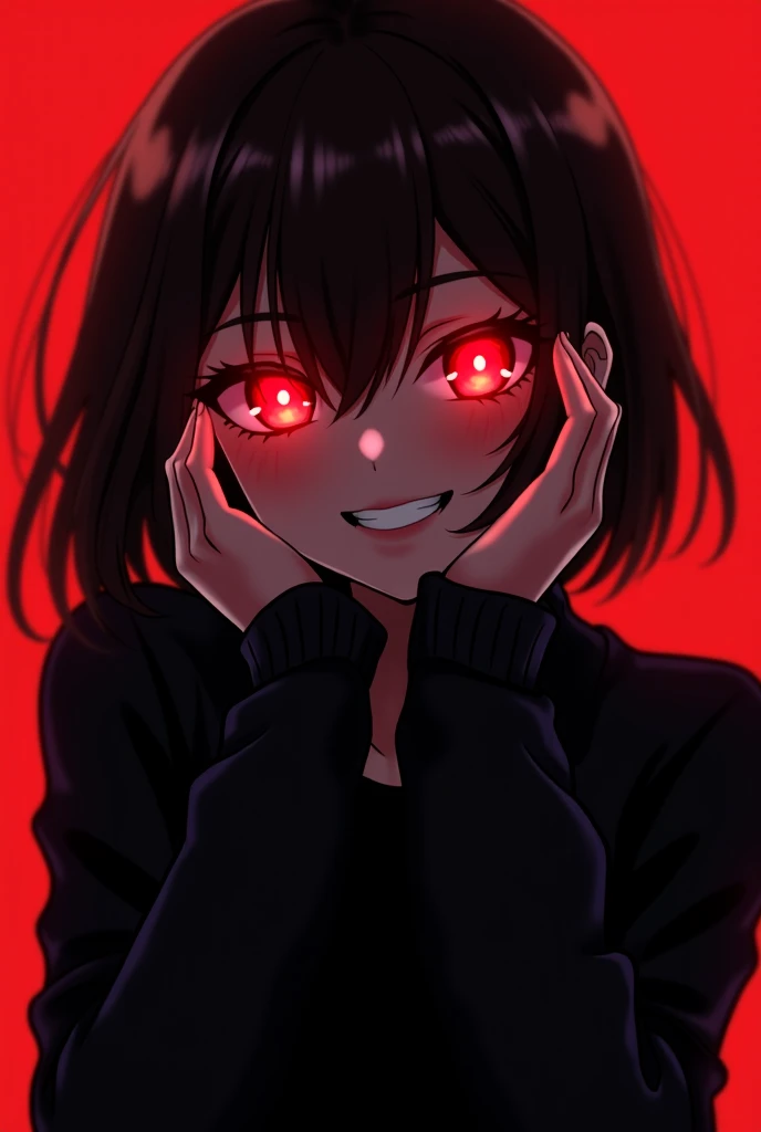 anime girl with red eyes and a black jacket holding her hands to her face, an anime drawing by Kamagurka, trending on pixiv, serial art, with red glowing eyes, evil smile and glowing eyes, with glowing red eyes, with glowing eyes, gapmoe yandere grimdark, ...