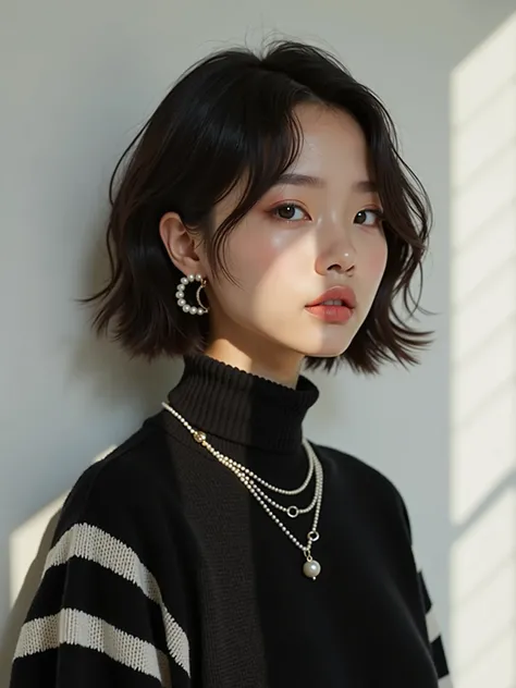 Create an image of a young Asian woman with a chic, short hairstyle, highlighting the detailed texture of her hair. She should have a delicate and refined facial expression, featuring soft makeup and a confident look. Her attire includes a black turtleneck...