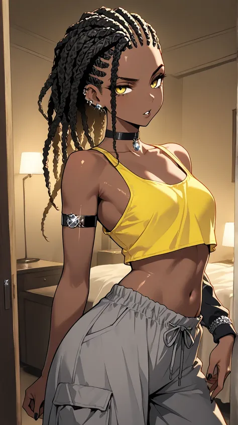 1Girl, Mature, Ebony, African American, Dark Brown Skin, Jet Black Long Cornrows, Cornrows Spread Out, Shiny Hair, Bright Yellow Eyes, Black Nails, Dark Brown Eye Shadow, Medium Chest, Yellow High-Cut Tank-Top, Grey Plaide Baggy Pajama Pants, Black Arm Ban...