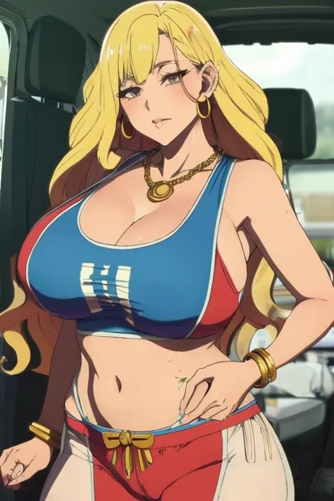 shizuka mikazuki, medium messy curly hair,Sweat,Wide hips,Thick tights,Thick lips,Soft expression,chain Necklace,gold hoopa earring,hoopa bracelet,long nail,car caravan,Outside,Blue sky,Eyeshadow,light blush,Needy attitude,Gaze on viewer,Seductive,((stomac...